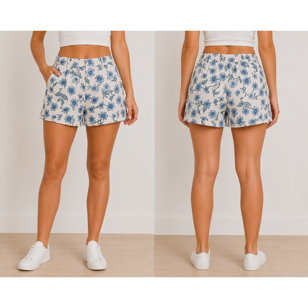 J.Crew Women Blue Floral‎ Linen Blend Pleated Shorts High Rise Size 2 White